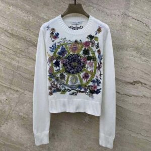 Dior Women Embroidered Sweater White Cashmere Knit with Multicolor Tarot La Roue de la Fortune Motif