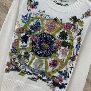 Dior Women Embroidered Sweater White Cashmere Knit with Multicolor Tarot La Roue de la Fortune Motif
