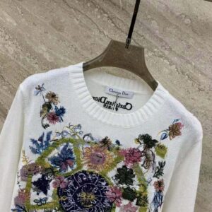 Dior Women Embroidered Sweater White Cashmere Knit with Multicolor Tarot La Roue de la Fortune Motif