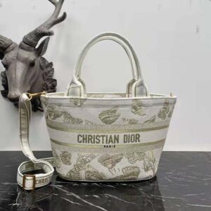 Dior Women Hat Basket Bag White and Gold-tone Gradient Butterflies Embroidery