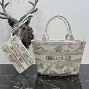 Dior Women Hat Basket Bag White and Gold-tone Gradient Butterflies Embroidery
