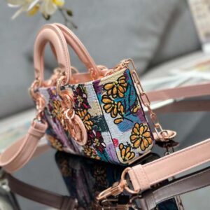 Dior Women Medium Lady D-joy Bag Beige Multicolor Brocart Embroidery