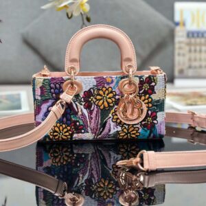 Dior Women Medium Lady D-joy Bag Beige Multicolor Brocart Embroidery