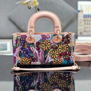 Dior Women Medium Lady D-joy Bag Beige Multicolor Brocart Embroidery