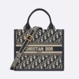 Dior Women Small Dior Book Tote Blue Dior Oblique Embroidery and Calfskin