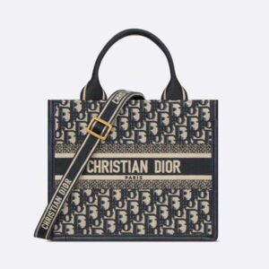 Dior Women Small Dior Book Tote Blue Dior Oblique Embroidery and Calfskin