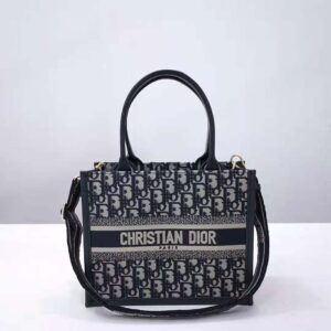 Dior Women Small Dior Book Tote Blue Dior Oblique Embroidery and Calfskin