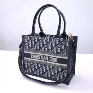 Dior Women Small Dior Book Tote Blue Dior Oblique Embroidery and Calfskin