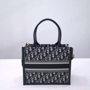 Dior Women Small Dior Book Tote Blue Dior Oblique Embroidery and Calfskin