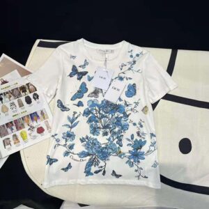 Dior Women T-Shirt White Cotton Jersey with Pastel Midnight Blue Toile de Jouy Mexico Motif