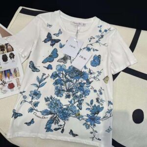 Dior Women T-Shirt White Cotton Jersey with Pastel Midnight Blue Toile de Jouy Mexico Motif