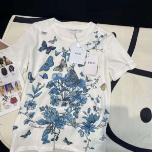 Dior Women T-Shirt White Cotton Jersey with Pastel Midnight Blue Toile de Jouy Mexico Motif
