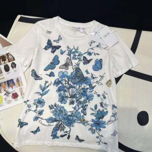 Dior Women T-Shirt White Cotton Jersey with Pastel Midnight Blue Toile de Jouy Mexico Motif