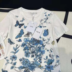 Dior Women T-Shirt White Cotton Jersey with Pastel Midnight Blue Toile de Jouy Mexico Motif