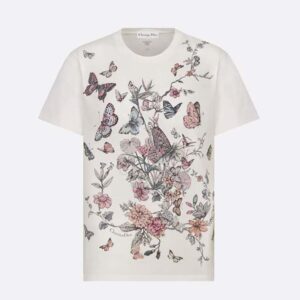 Dior Women T-Shirt White Cotton Jersey with Pastel Pink Toile de Jouy Mexico Motif