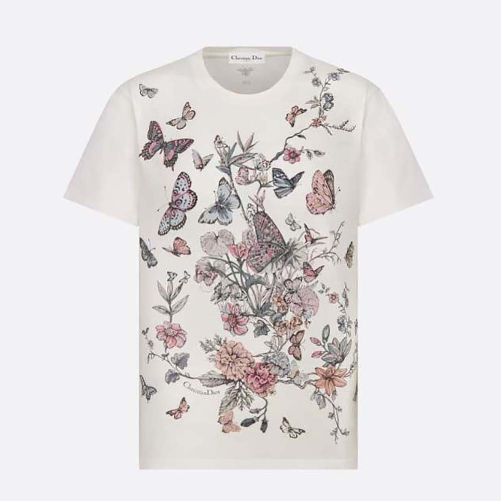 Dior Women T-Shirt White Cotton Jersey with Pastel Pink Toile