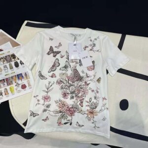 Dior Women T-Shirt White Cotton Jersey with Pastel Pink Toile de Jouy Mexico Motif