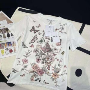 Dior Women T-Shirt White Cotton Jersey with Pastel Pink Toile de Jouy Mexico Motif