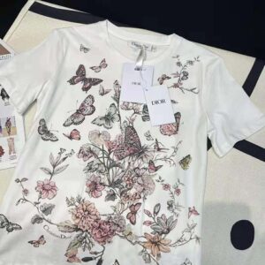 Dior Women T-Shirt White Cotton Jersey with Pastel Pink Toile de Jouy Mexico Motif