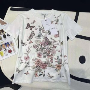 Dior Women T-Shirt White Cotton Jersey with Pastel Pink Toile de Jouy Mexico Motif