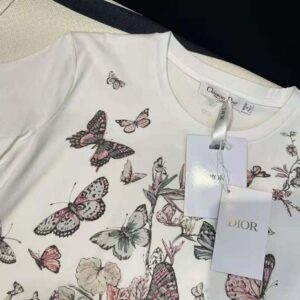 Dior Women T-Shirt White Cotton Jersey with Pastel Pink Toile de Jouy Mexico Motif