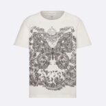 Dior Women T-Shirt White Cotton and Linen Jersey with Pastel Pink Butterfly Around The World Motif