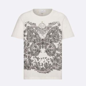 Dior Women T-Shirt White Cotton and Linen Jersey with Pastel Pink Butterfly Around The World Motif