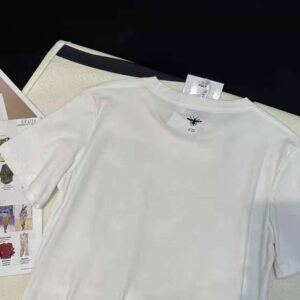 Dior Women T-Shirt White Cotton and Linen Jersey with Pastel Pink Butterfly Around The World Motif