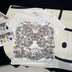 Dior Women T-Shirt White Cotton and Linen Jersey with Pastel Pink Butterfly Around The World Motif