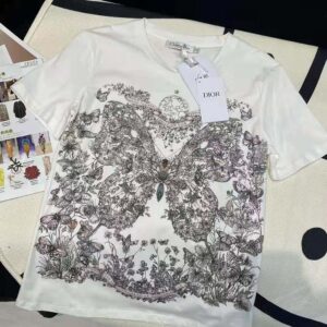 Dior Women T-Shirt White Cotton and Linen Jersey with Pastel Pink Butterfly Around The World Motif