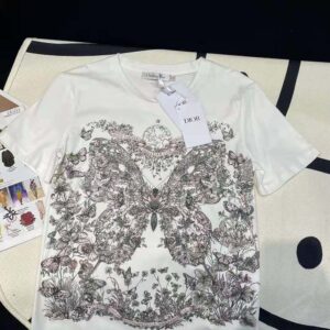 Dior Women T-Shirt White Cotton and Linen Jersey with Pastel Pink Butterfly Around The World Motif