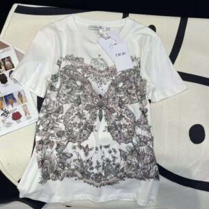 Dior Women T-Shirt White Cotton and Linen Jersey with Pastel Pink Butterfly Around The World Motif