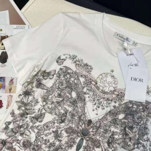 Dior Women T-Shirt White Cotton and Linen Jersey with Pastel Pink Butterfly Around The World Motif