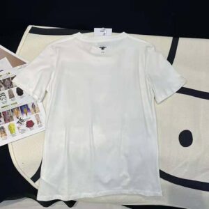 Dior Women T-Shirt White Cotton and Linen Jersey with Pastel Pink Butterfly Around The World Motif