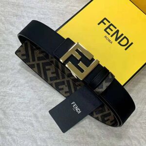 Fendi Men FF Rounded Belt Black Leather Reversible-Silver
