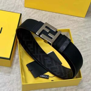 Fendi Men FF Rounded Belt Black Leather Reversible-Silver