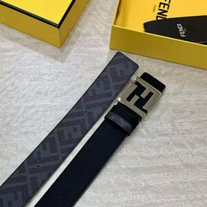 Fendi Men FF Rounded Belt Black Leather Reversible-Silver