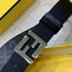 Fendi Men FF Rounded Belt Black Leather Reversible-Silver