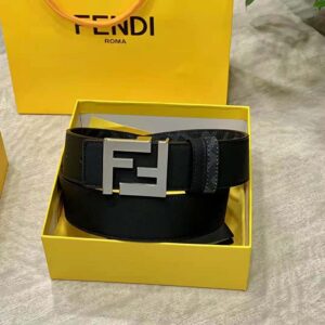 Fendi Men FF Rounded Belt Black Leather Reversible-Silver