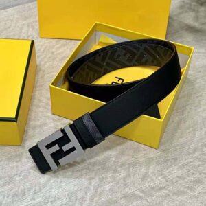Fendi Men FF Rounded Belt Black Leather Reversible-Silver
