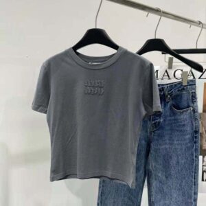 Miu Miu Women Garment-dyed Jersey T-shirt with Embroidered Logo