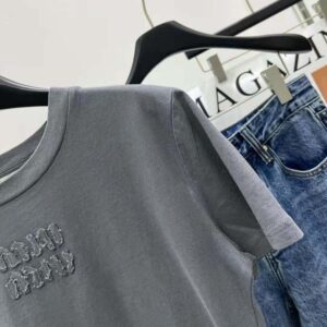 Miu Miu Women Garment-dyed Jersey T-shirt with Embroidered Logo