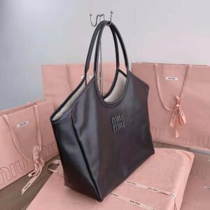 Miu Miu Women IVY Leather Bag with Leather Lettering Logo-Black