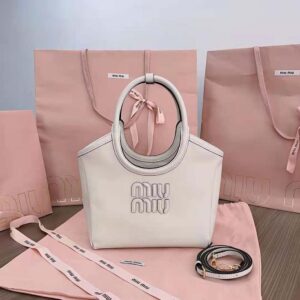 Miu Miu Women IVY Leather Bag with Leather Lettering Logo-White
