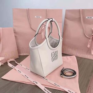 Miu Miu Women IVY Leather Bag with Leather Lettering Logo-White