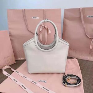 Miu Miu Women IVY Leather Bag with Leather Lettering Logo-White