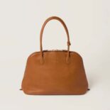 Miu Miu Women Leather Bag with Embossed Lettering Logo-Brown