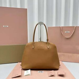 Miu Miu Women Leather Bag with Embossed Lettering Logo-Brown