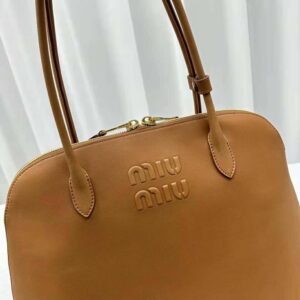 Miu Miu Women Leather Bag with Embossed Lettering Logo-Brown