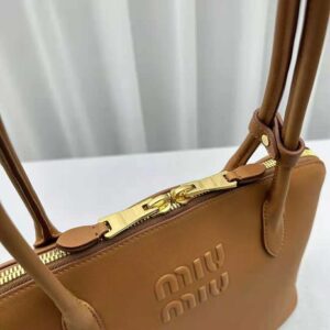 Miu Miu Women Leather Bag with Embossed Lettering Logo-Brown